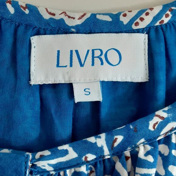 Livro Mini Dress Puff Sleeve Button Front Hand Block Mini Printed Blue Womens S - Picture 7 of 9